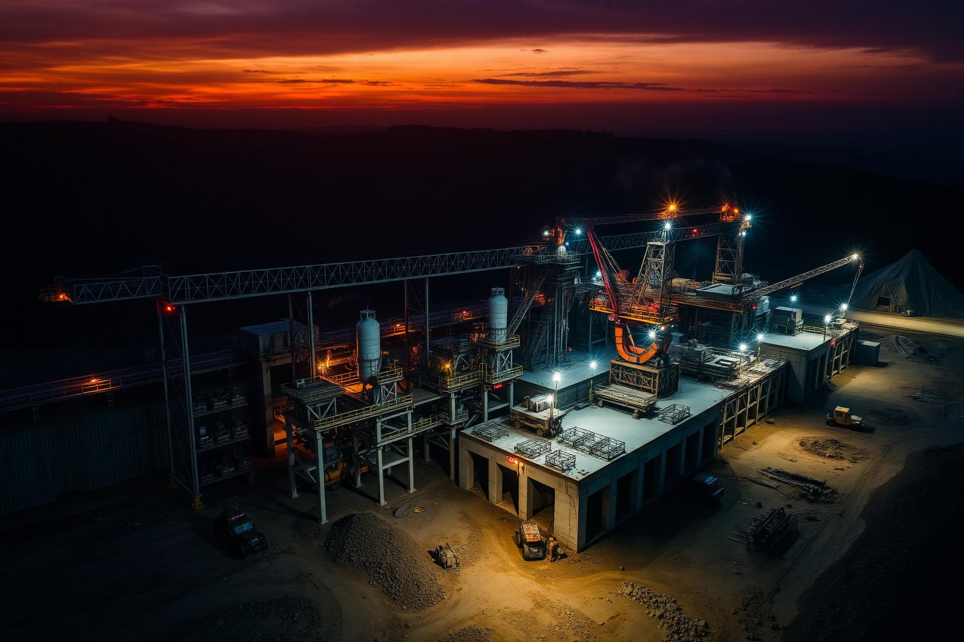 Mining process plant civil works under construction at dusk in Zimbabwe